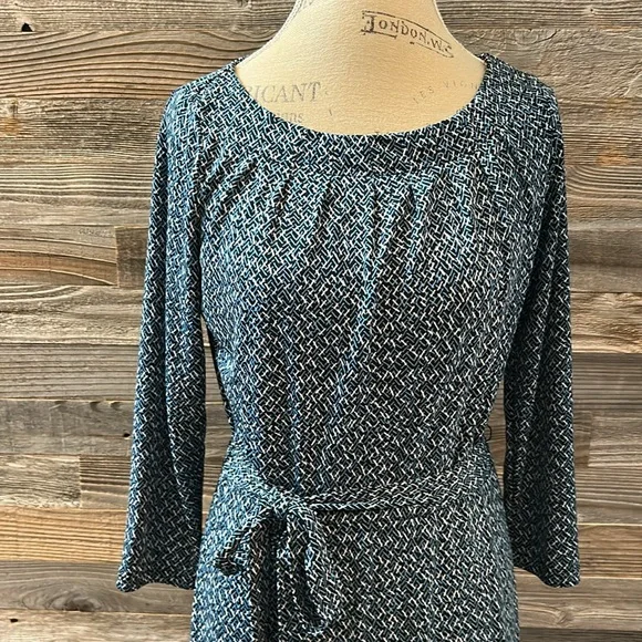 Lands End Blue Patterned Midi Tie Waist 3/4 Length Sleeve Dress Size XS 2-4 - Picture 2 of 9